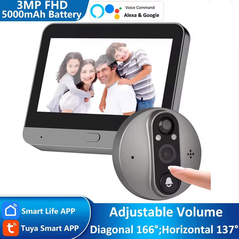 3MP Tuya Smart Life APP Home Battery Wifi Video Digital Door Peephole Viewer PIR IR Door Bell Magic Eye FHD Camera Alexa Google