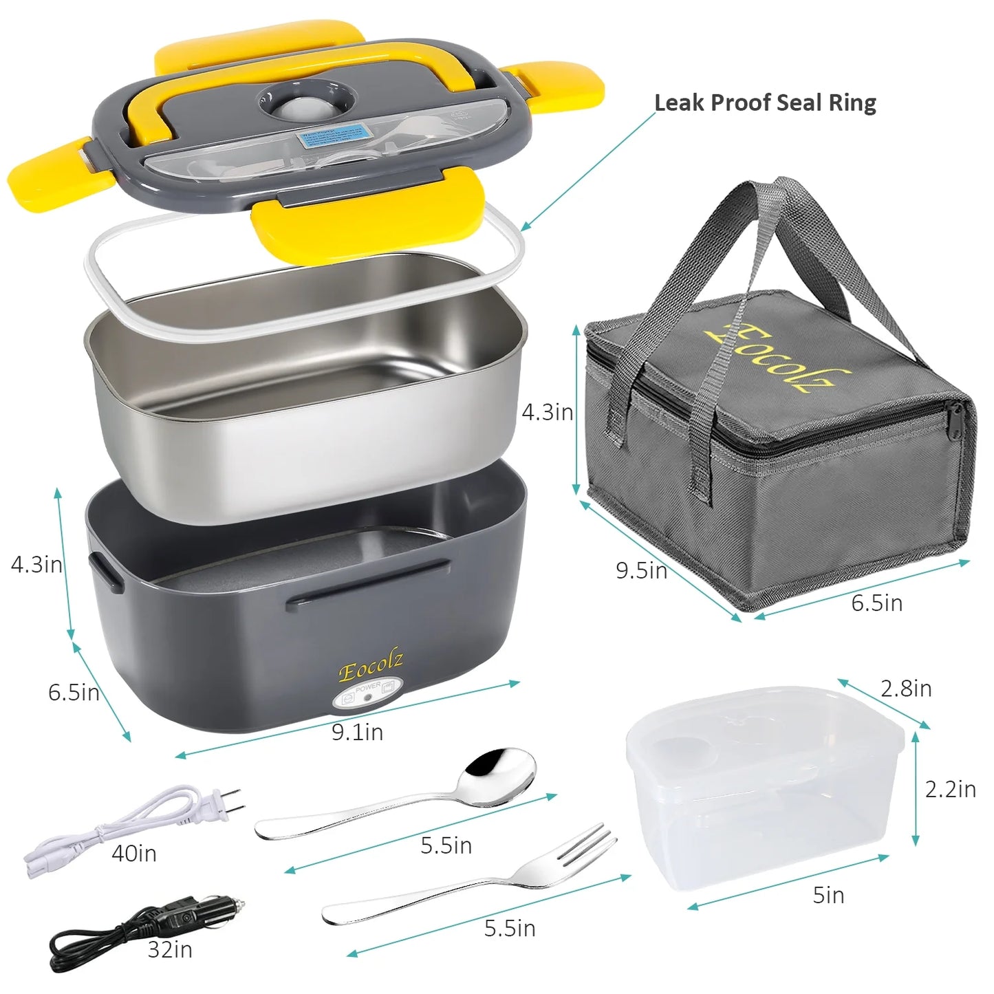 Electric Lunch Box 60W Food Heater Warmer, 2 in 1 Portable Lunch Box for Car Truck Home Work Leak Proof with 1.5L Removable 304 Stainless Steel Container & Spoon 2 Compartments 110V 12V 24V
