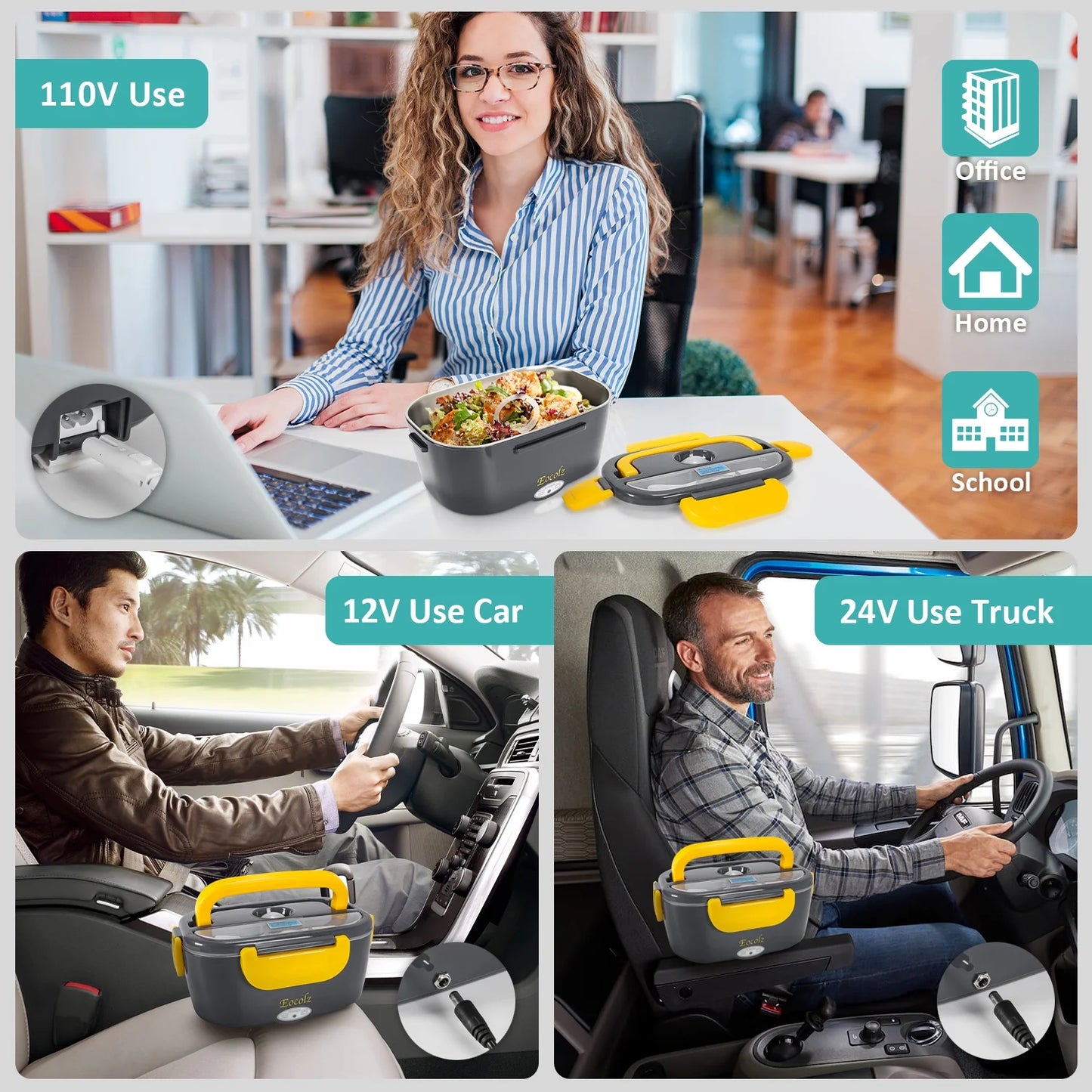 Electric Lunch Box 60W Food Heater Warmer, 2 in 1 Portable Lunch Box for Car Truck Home Work Leak Proof with 1.5L Removable 304 Stainless Steel Container & Spoon 2 Compartments 110V 12V 24V