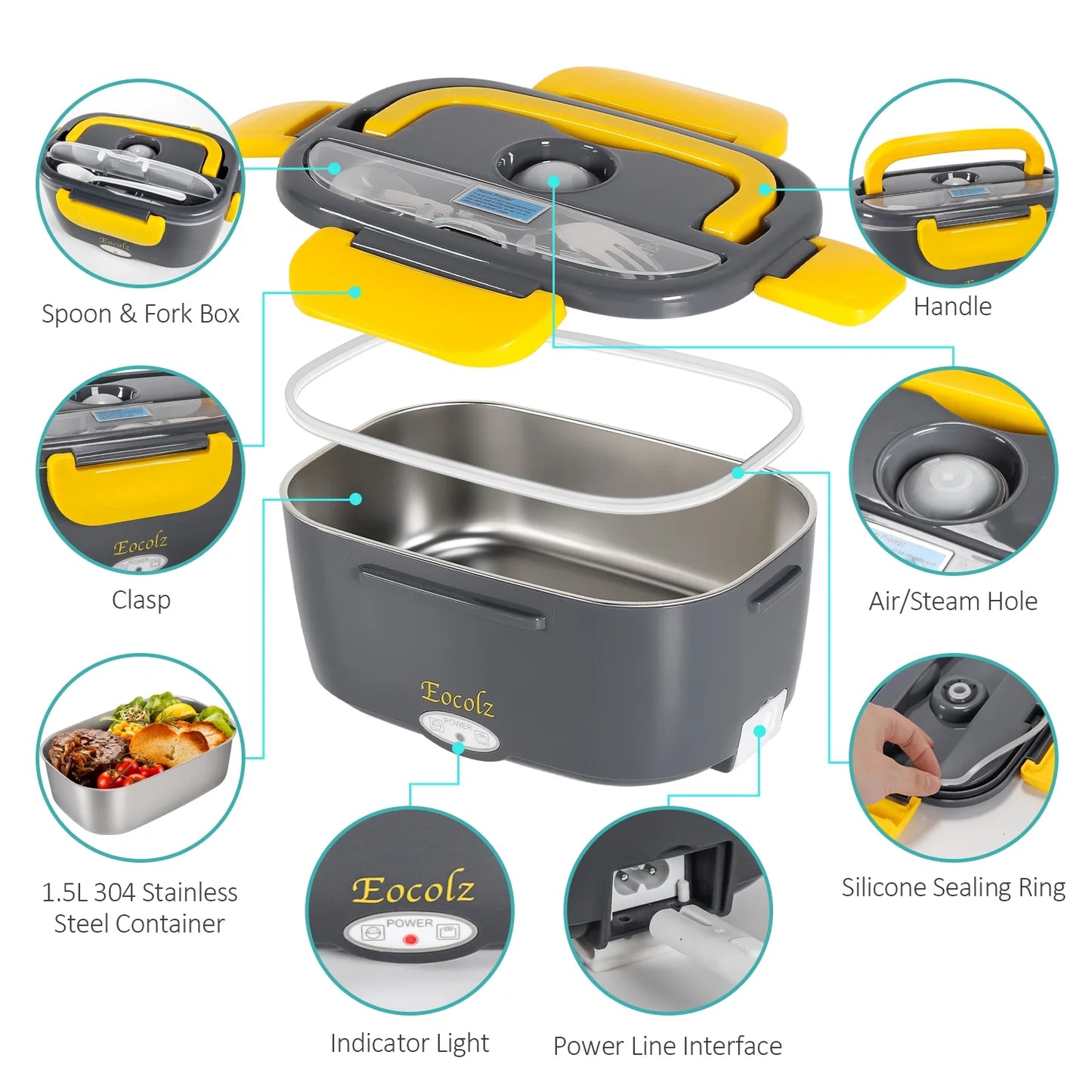 Electric Lunch Box 60W Food Heater Warmer, 2 in 1 Portable Lunch Box for Car Truck Home Work Leak Proof with 1.5L Removable 304 Stainless Steel Container & Spoon 2 Compartments 110V 12V 24V