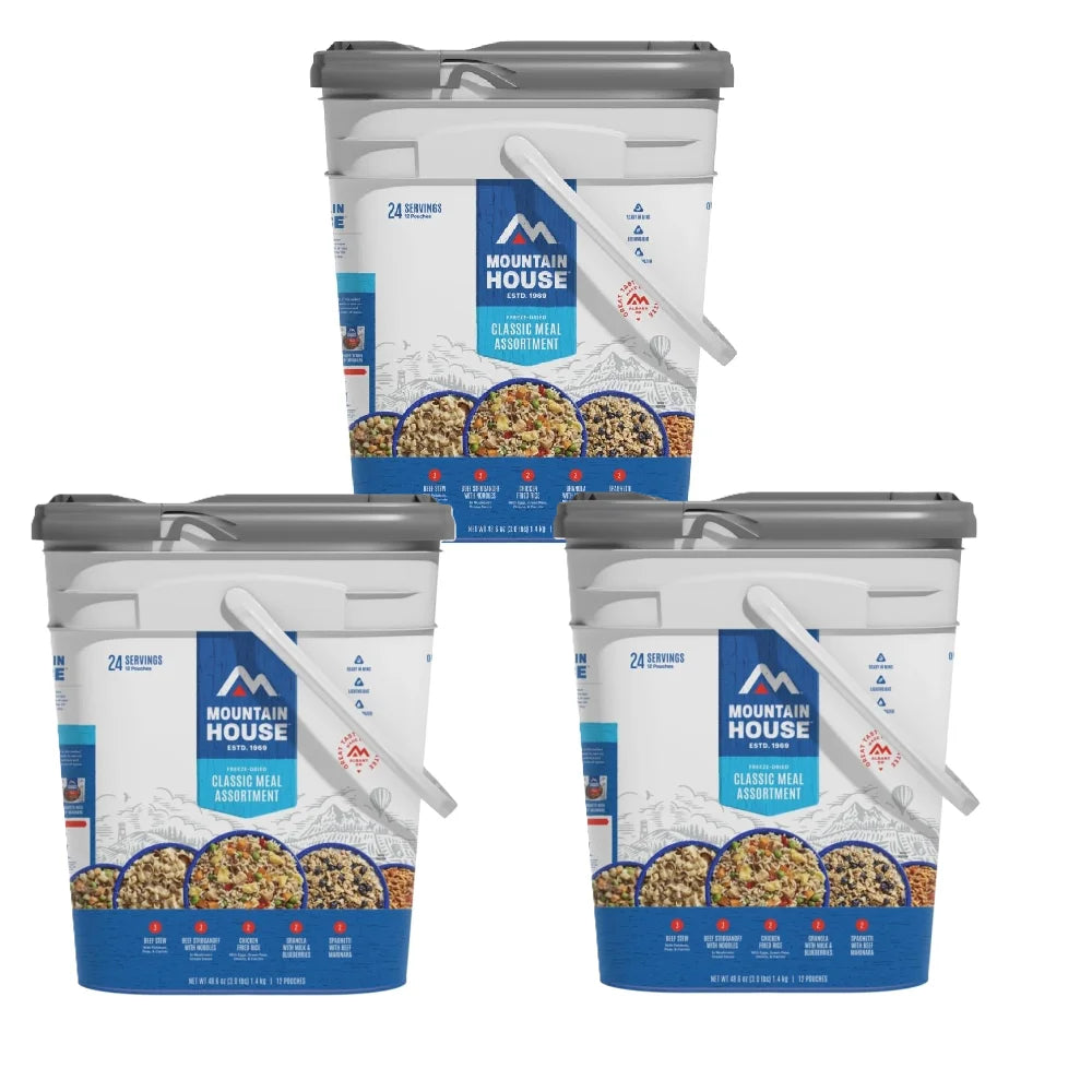 Classic Bucket (3 Pack) – Freeze-Dried Camping & Backpacking Meals, 24 Servings Each | Emergency Food Supply with Long Shelf Life | Just Add Water, Lightweight & Portable