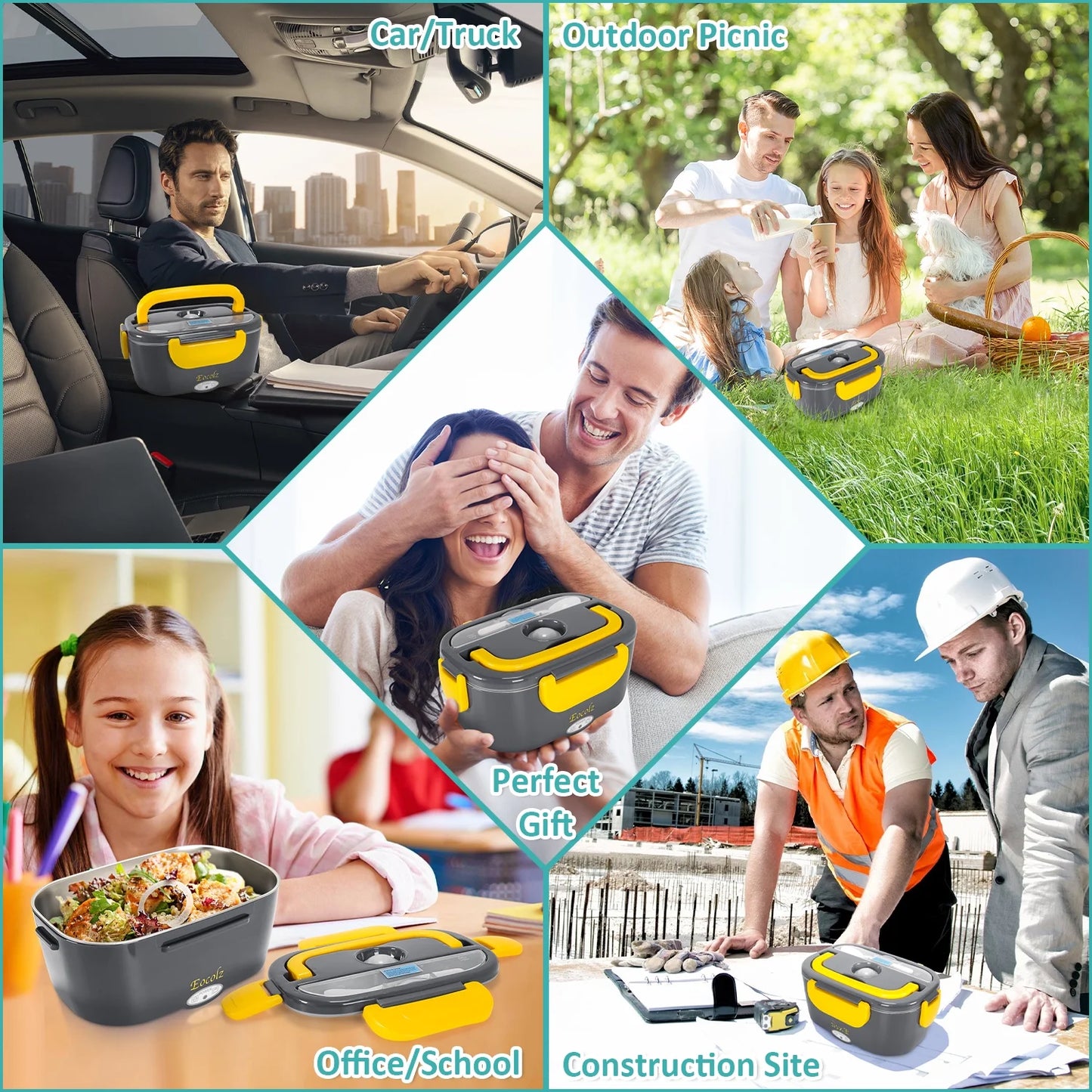 Electric Lunch Box 60W Food Heater Warmer, 2 in 1 Portable Lunch Box for Car Truck Home Work Leak Proof with 1.5L Removable 304 Stainless Steel Container & Spoon 2 Compartments 110V 12V 24V