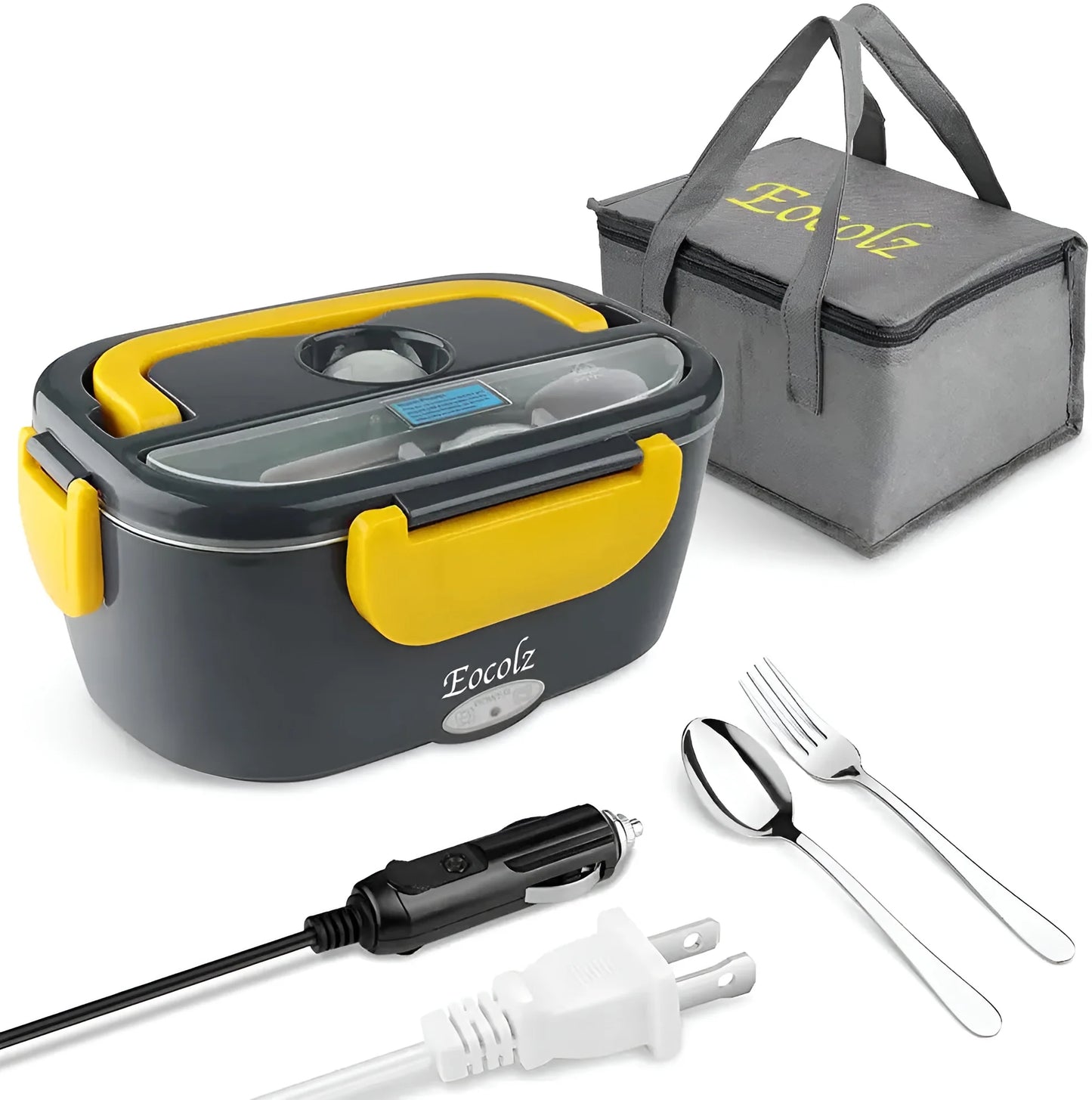 Electric Lunch Box 60W Food Heater Warmer, 2 in 1 Portable Lunch Box for Car Truck Home Work Leak Proof with 1.5L Removable 304 Stainless Steel Container & Spoon 2 Compartments 110V 12V 24V