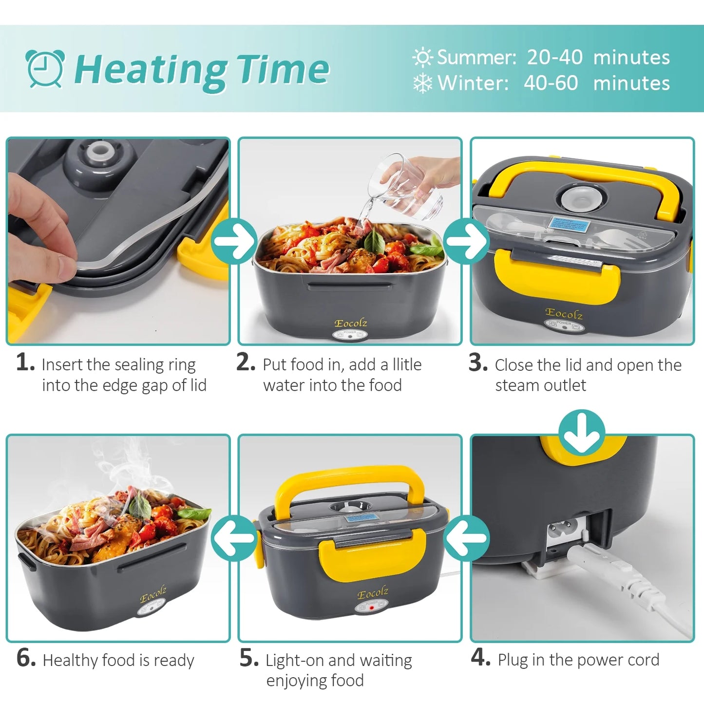 Electric Lunch Box 60W Food Heater Warmer, 2 in 1 Portable Lunch Box for Car Truck Home Work Leak Proof with 1.5L Removable 304 Stainless Steel Container & Spoon 2 Compartments 110V 12V 24V
