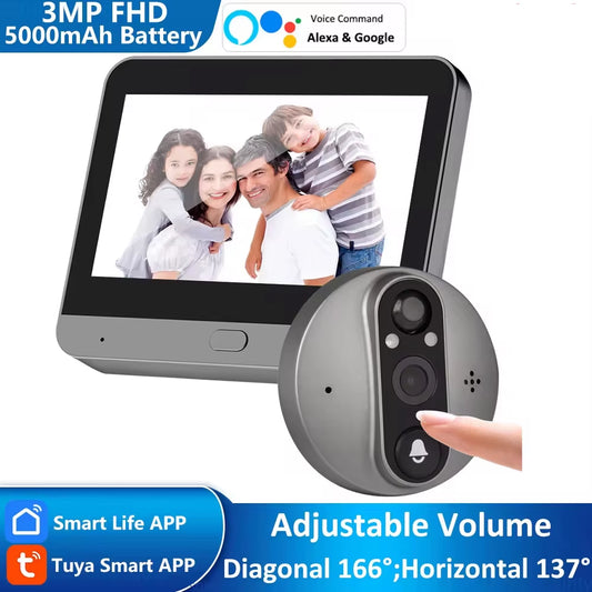 3MP Tuya Smart Life APP Home Battery Wifi Video Digital Door Peephole Viewer PIR IR Door Bell Magic Eye FHD Camera Alexa Google