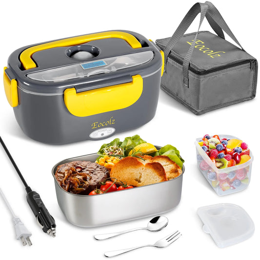 Electric Lunch Box 60W Food Heater Warmer,  2 in 1 Portable Lunch Box for Car Truck Home Work Leak Proof with 1.5L Removable 304 Stainless Steel Container & Spoon 2 Compartments 110V 12V 24V